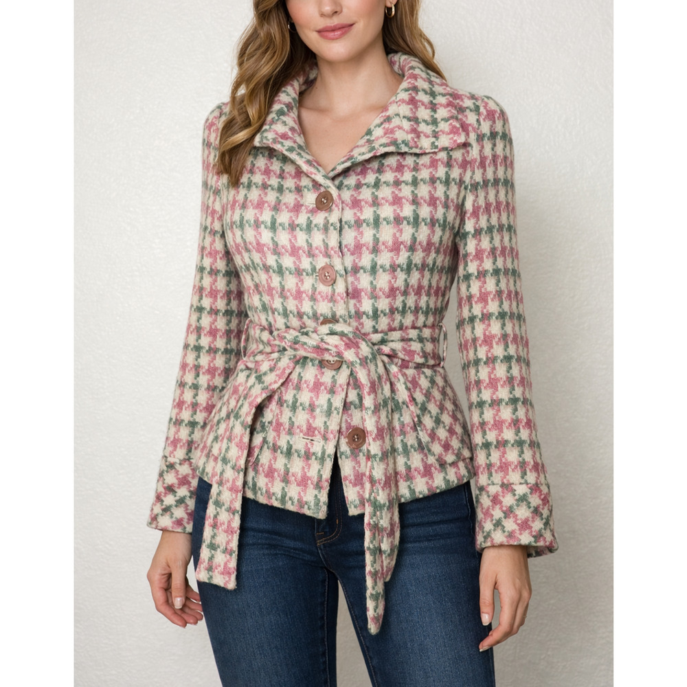 Margaret O'Leary Jacket S Pink Wool Tweed Belt Button Coat Coquette Herringbone
